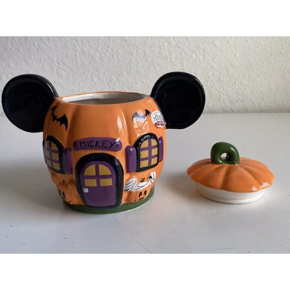 Disney Mickey Mouse Halloween Pumpkin Haunted‎ House Ceramic Cookie Jar NEW